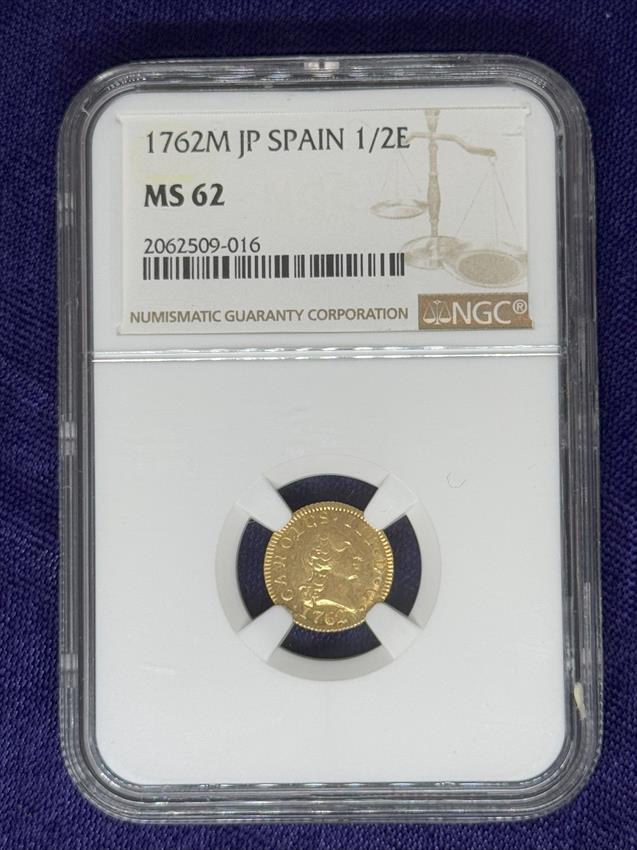 Spain Charles III Gold 1/2 Escudo 1762 M JP MS 62
