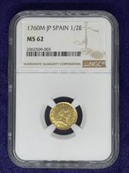 Spain Charles III Gold 1/2 Escudo 1760 M JP MS 62