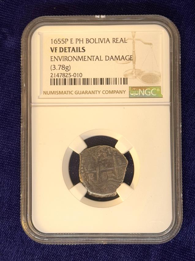 Bolivia Philip IV Silver Real 1655P E PH *environmental damage* VF Details