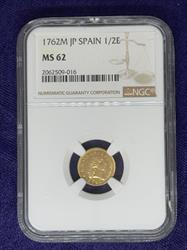 Spain Charles III Gold 1/2 Escudo 1762 M JP MS 62