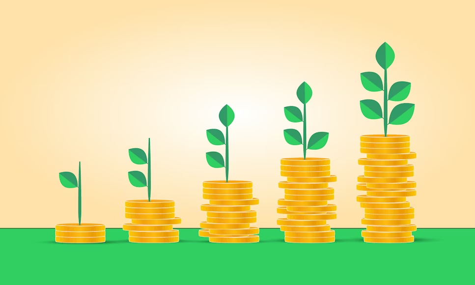 Illustration of growing stacks of coins with growing plants on them