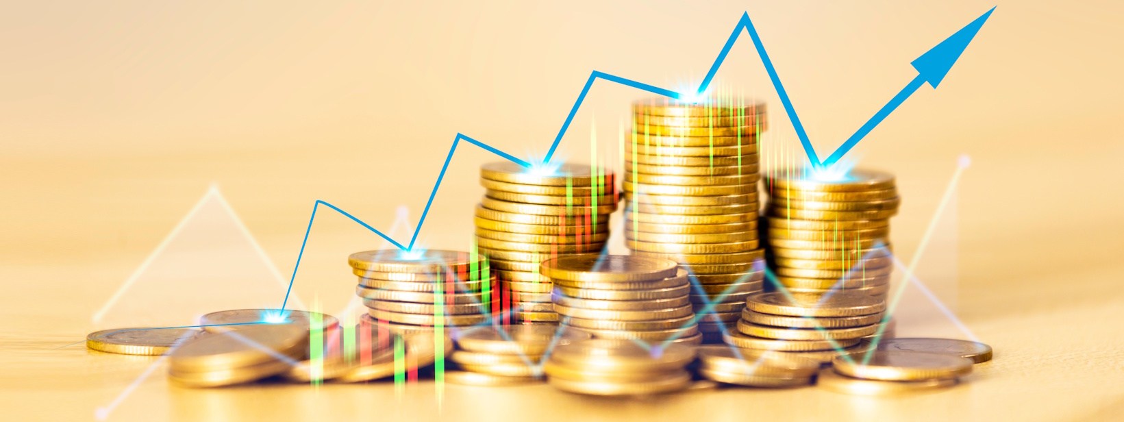 stack of rare coins with market increase graphics overlaid