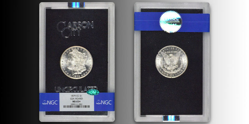 A classic uncirculated Carson City Morgan Silver Dollar preserved inside a vintage black GSA hard-plastic holder with an NGC grading band