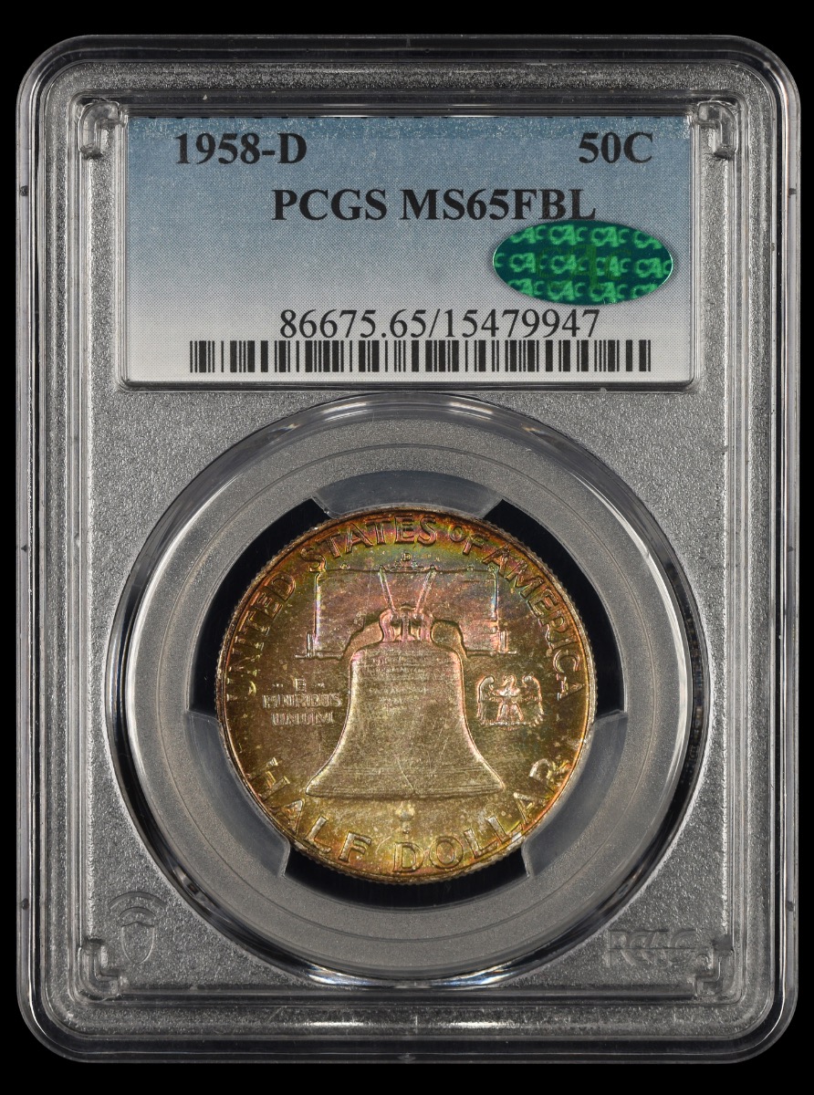 1958 D 50C Attractively Toned PCGS  MS65FBL CAC