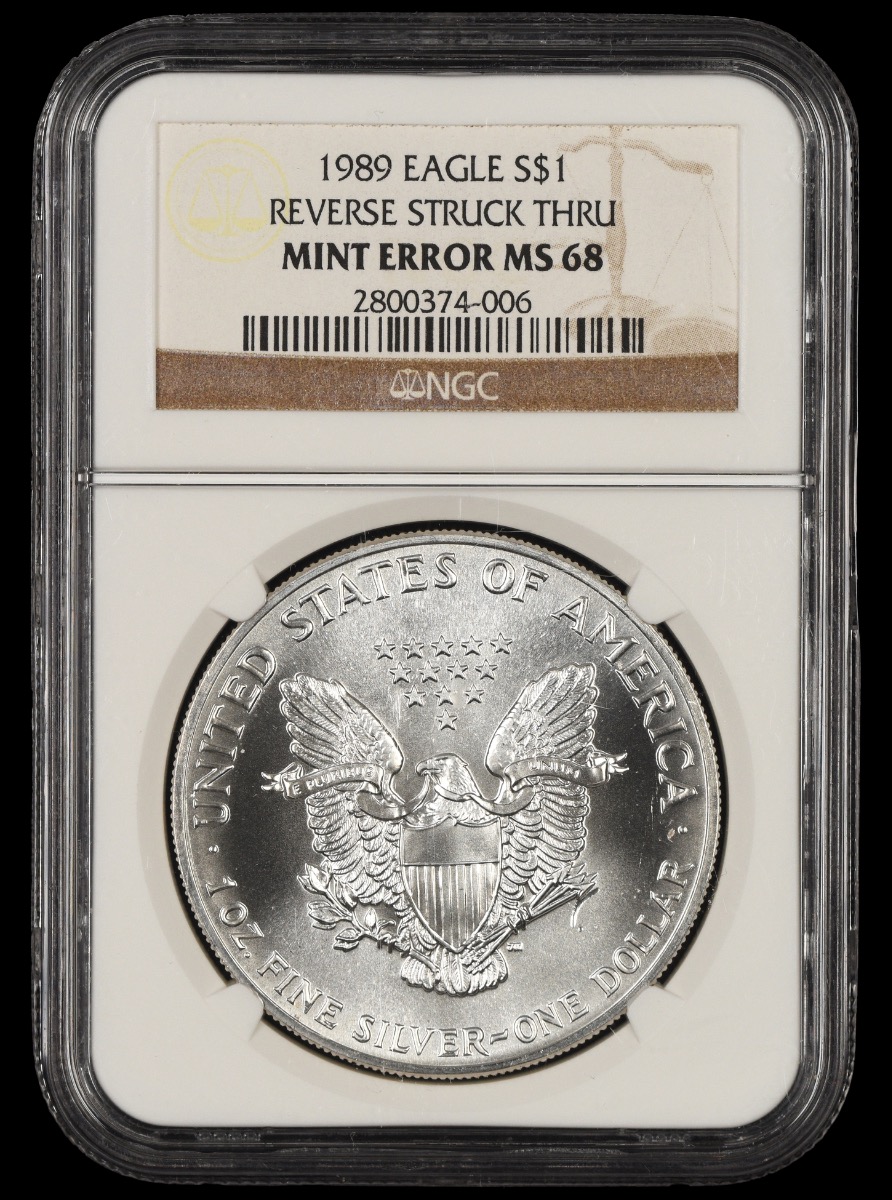 1989 American Silver Eagle $1 NGC MS68 Mint Error Reverse Struck Thru MS68