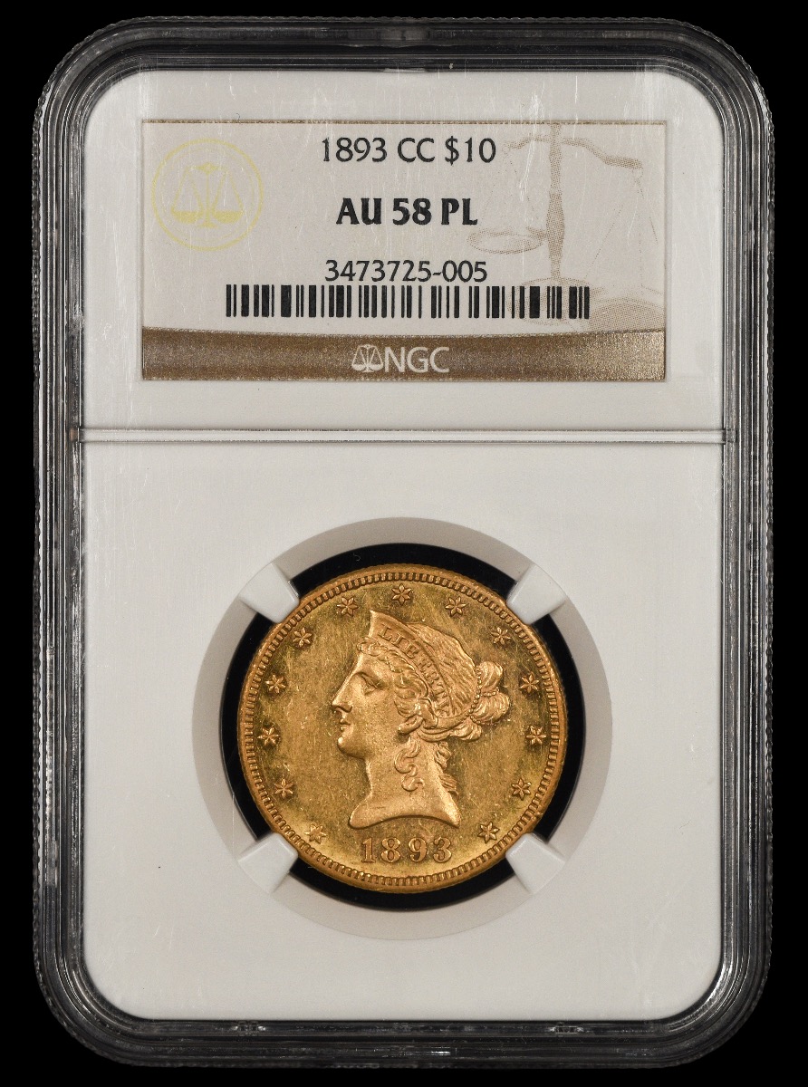 1893 CC $10 Gold NGC  AU58PL