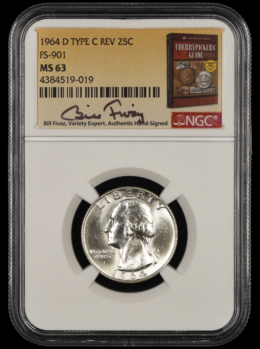 1964 D Washington Quarter Type C Reverse FS-901 Bill Fivaz Signature Label NGC   MS63