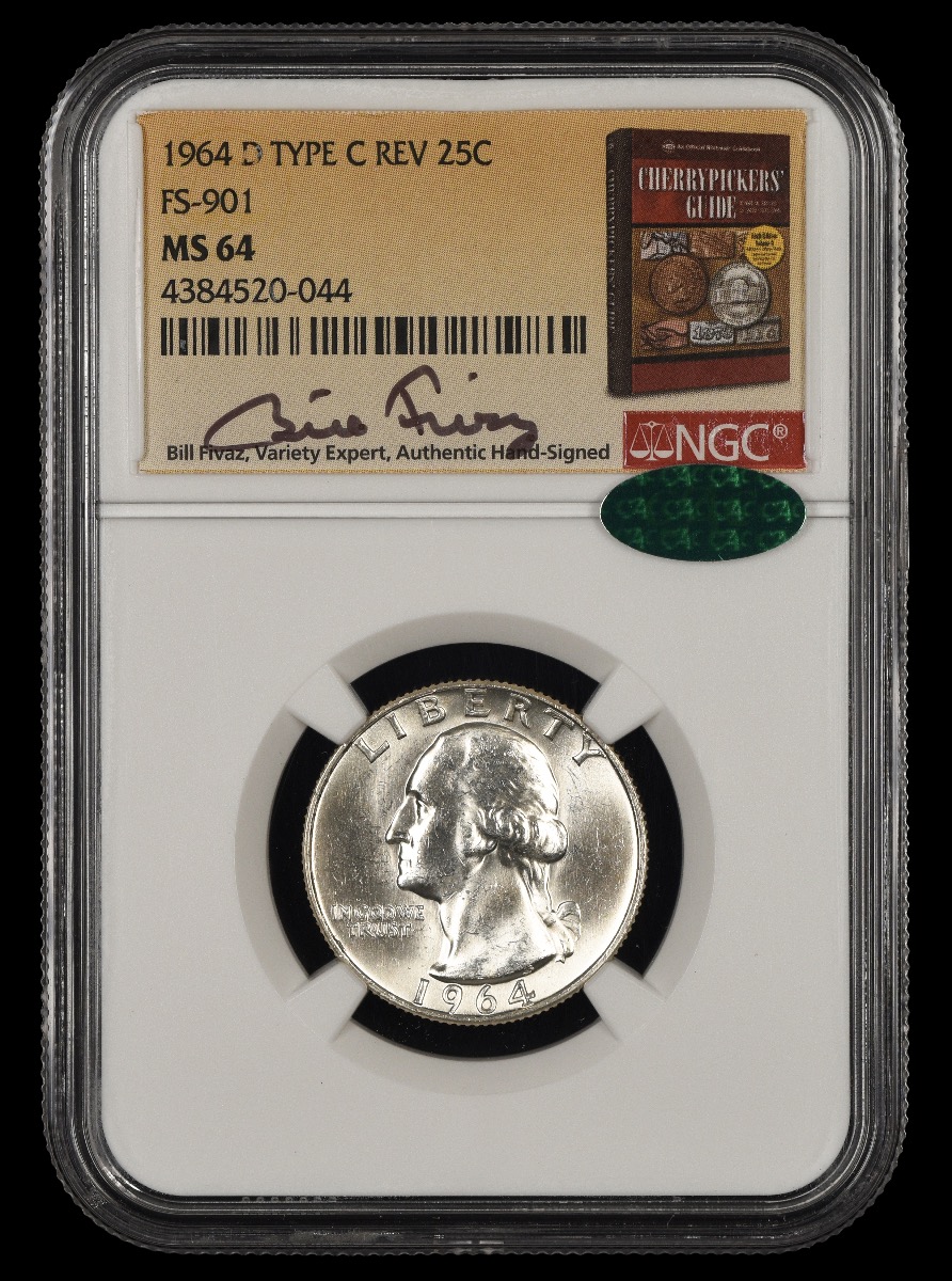 1964 D Washington Quarter Type C Reverse FS-901 Bill Fivaz Signature Label NGC MS64 CAC