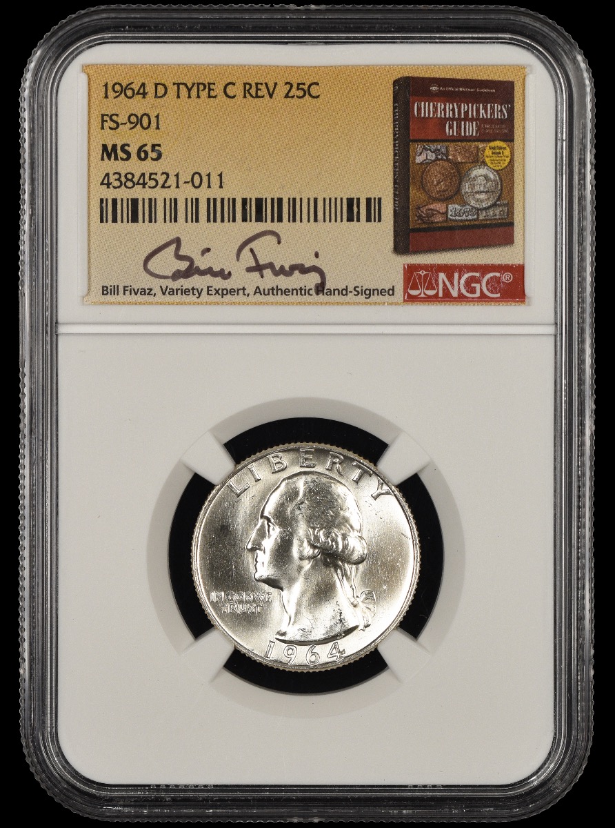 1964 D Washington Quarter Type C Reverse FS-901 Bill Fivaz Signature Label NGC  MS65