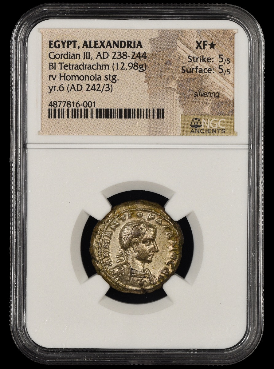 Gordian III BI Tetradrachm 242/243 AD NGC XF STAR 5/5 5/5 Silvering Alexandria Egypt 