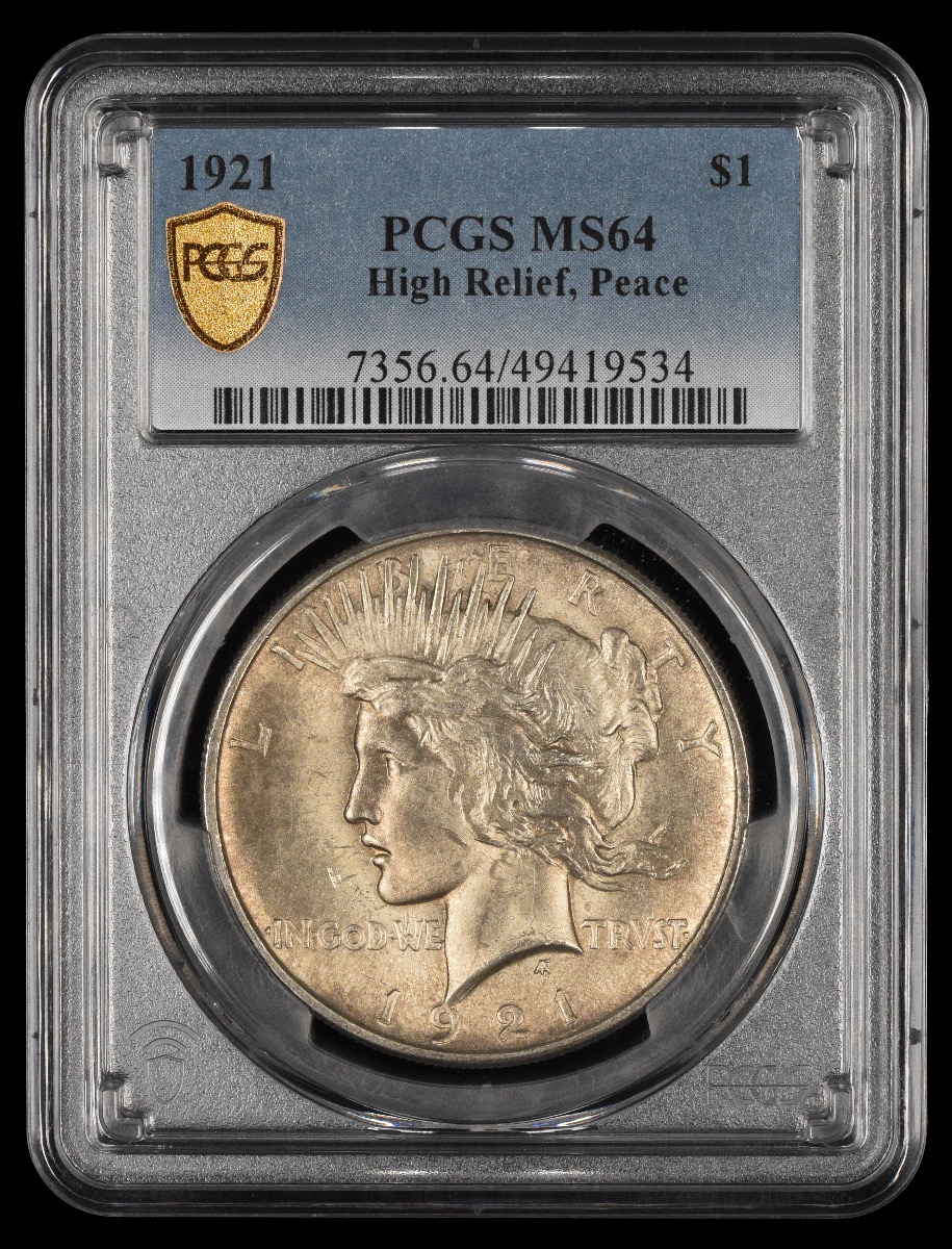 1921 $1 PCGS MS64 High Relief, Peace 64