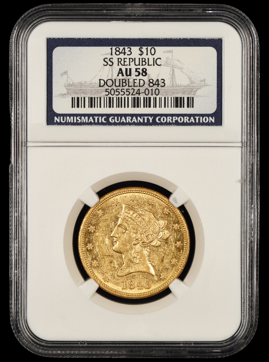 1843 $10 Gold Doubled 843 NGC AU58 SS Republic Shipwreck AU58