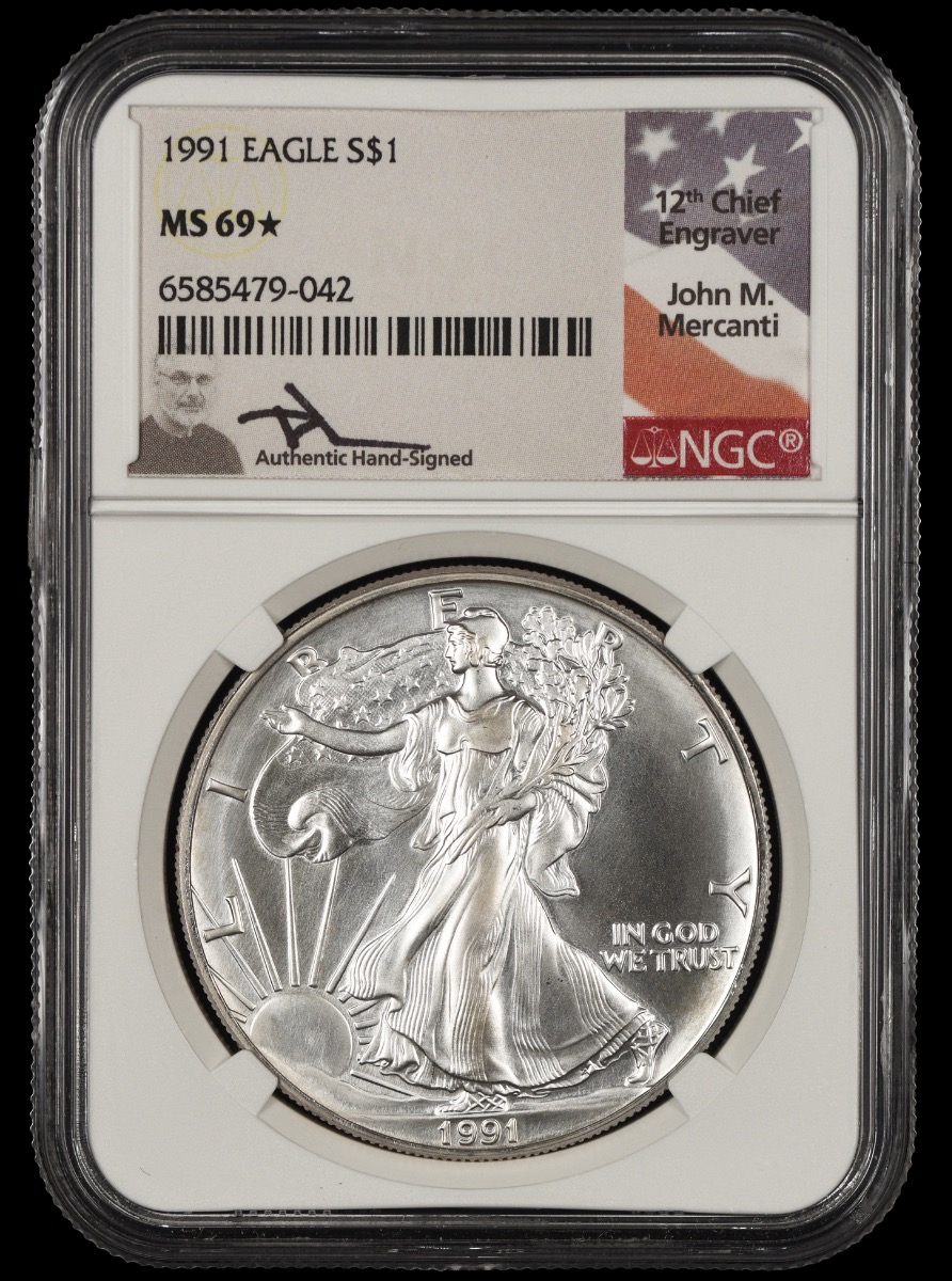 1991 $1 American Silver Eagle NGC MS69* John Mercanti Signature Label MS69