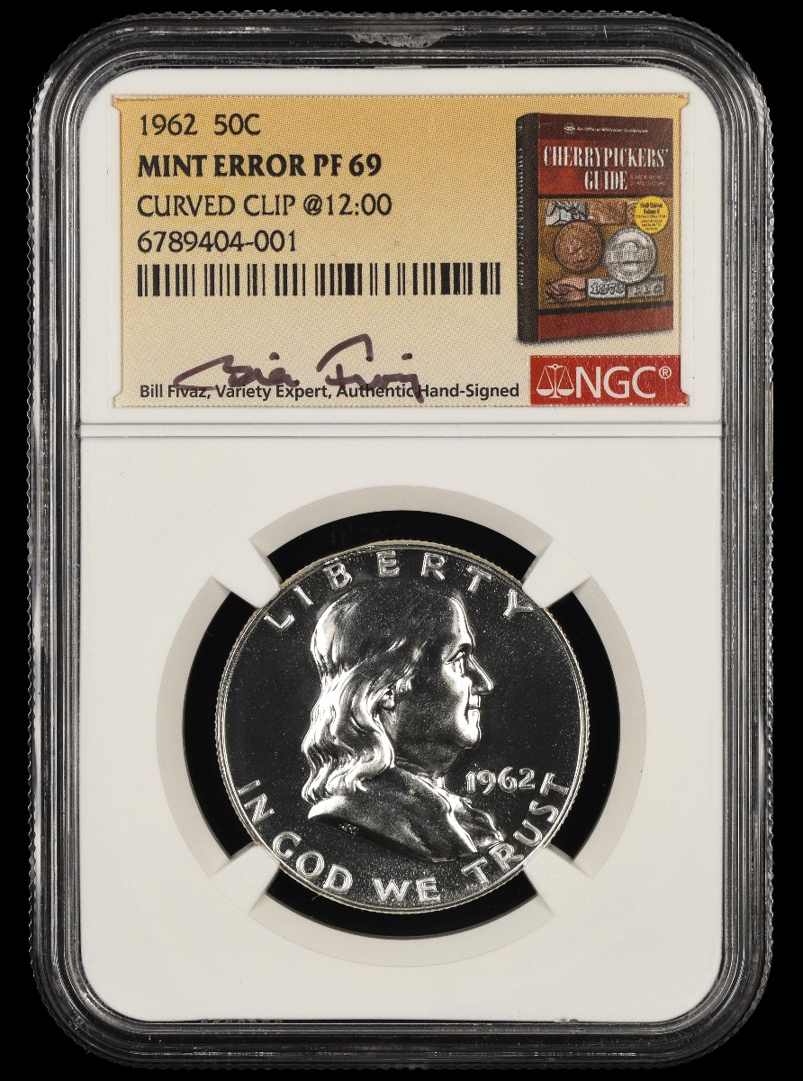 1962 50C Mint Error Curved Clip @ 12:00 Bill Fivaz Signature Label NGC PF69