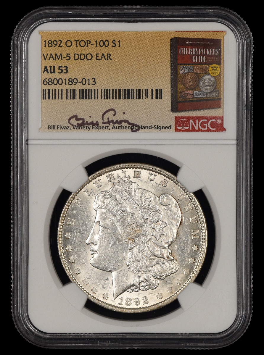 1892-O $1 VAM-5 DDO EAR Top 100 NGC AU53 Bill Fivaz Signature Label AU53