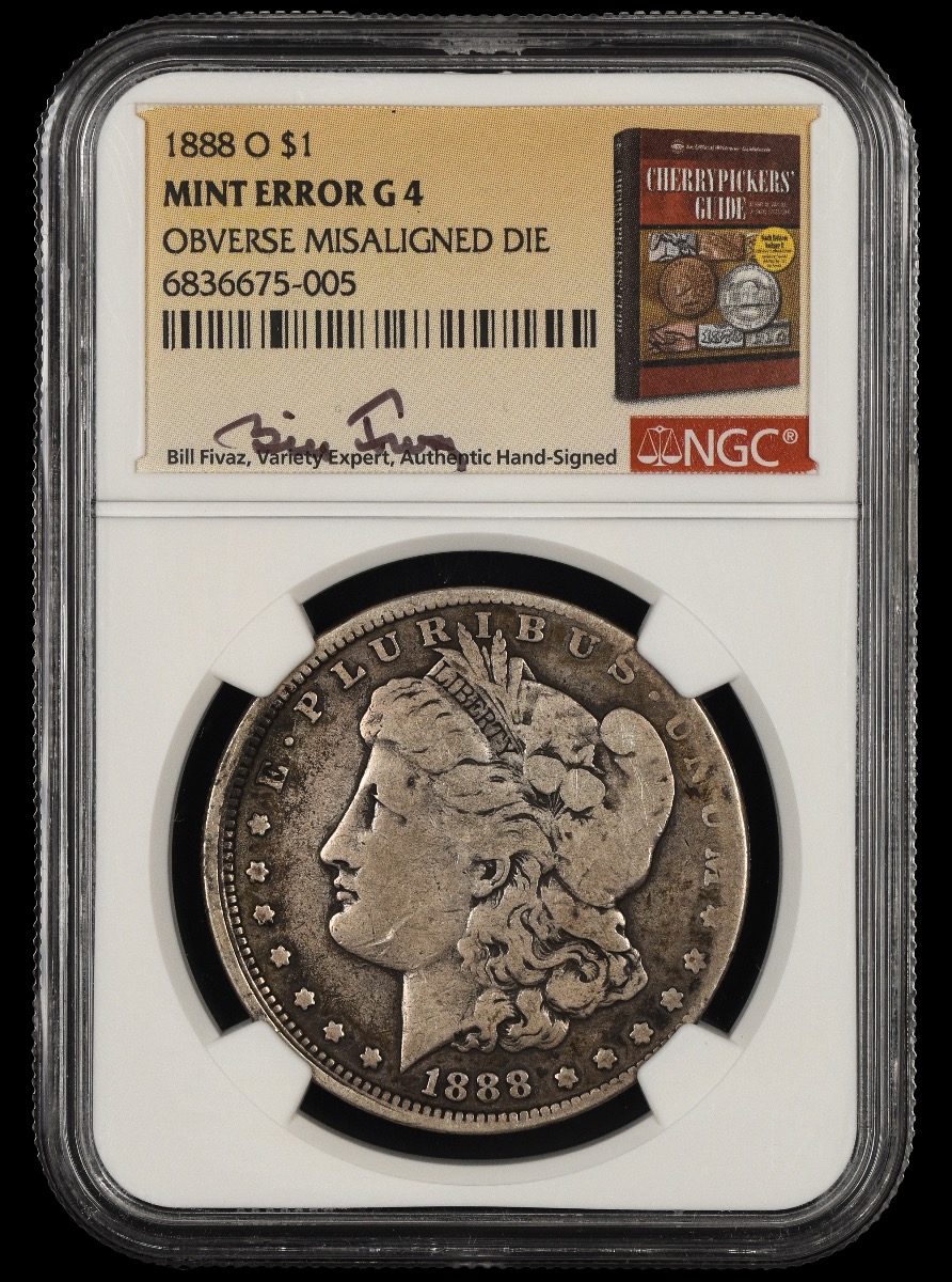 1888 O $1 NGC G4 Mint Error Obverse Misaligned Die Bill Fivaz Signature Label G4