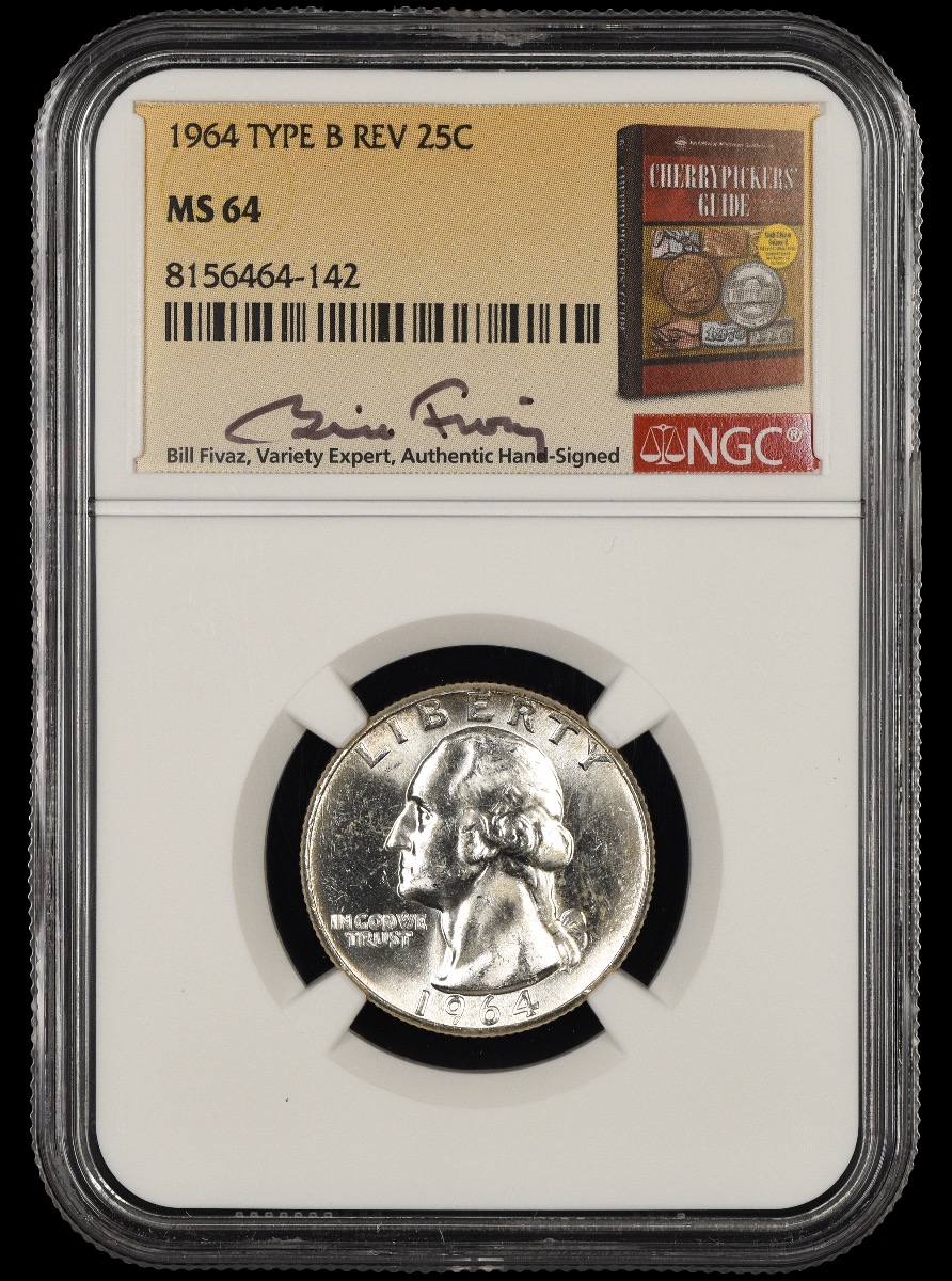 1964 Washington Quarter Type B Reverse Bill Fivaz Signature Label NGC MS64