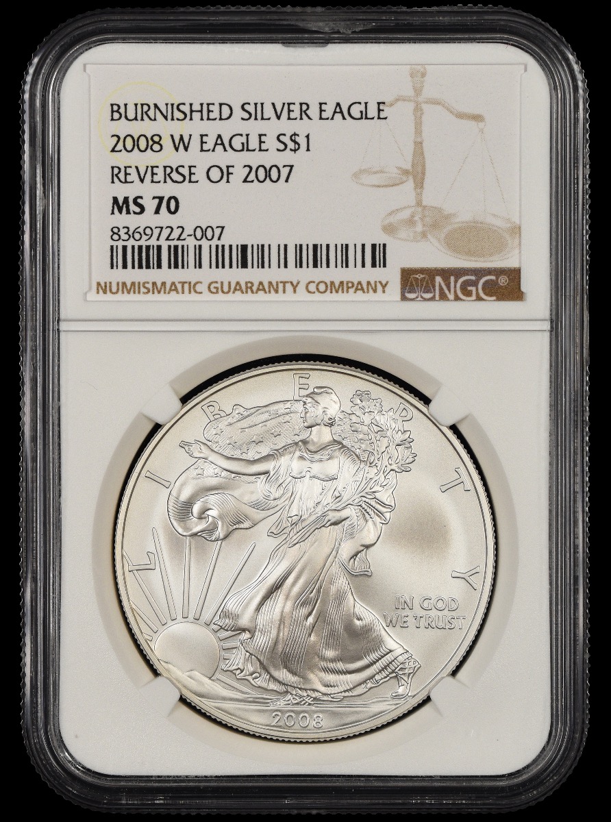 2008 W $1 NGC MS70 Reverse of 2007 Burnished Silver Eagle MS70