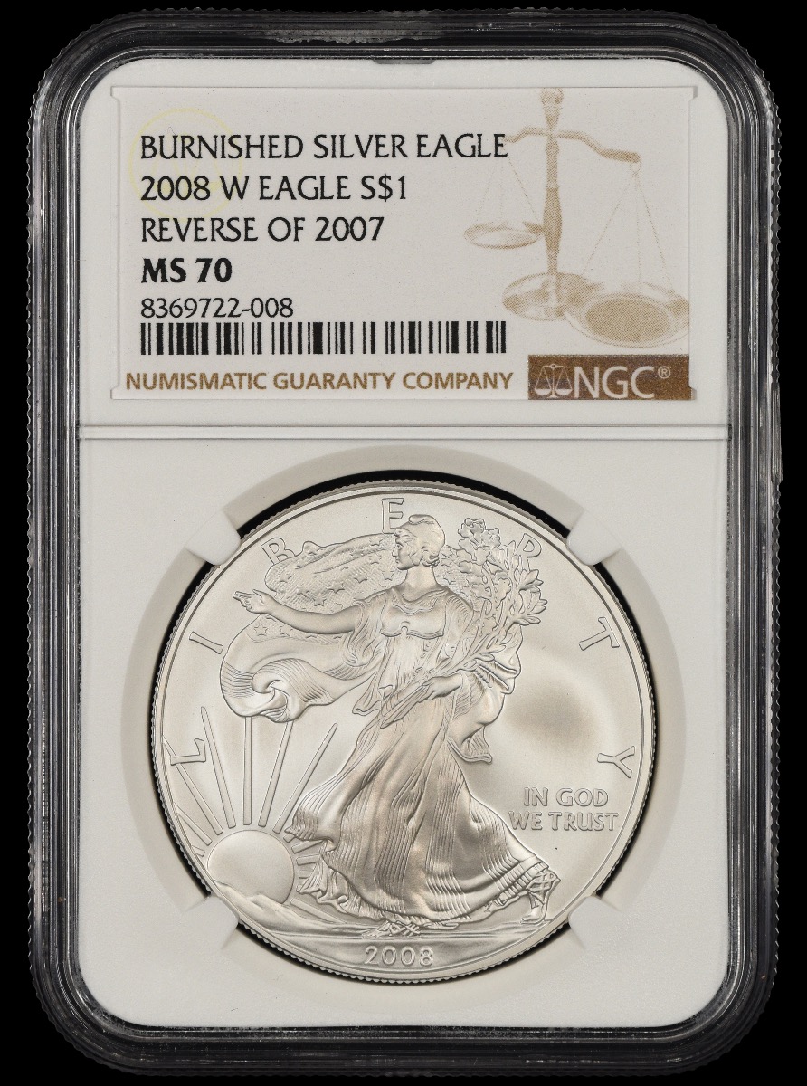 2008 W $1 NGC MS70 Reverse of 2007 Burnished Silver Eagle MS70