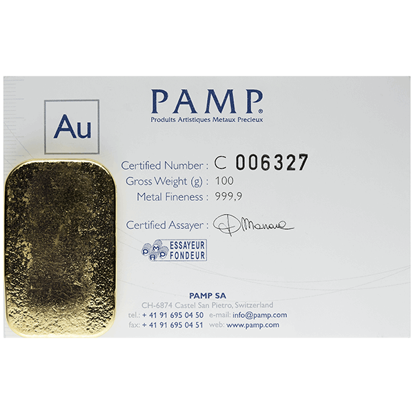 100 GRAM GOLD PAMP BAR CAST 