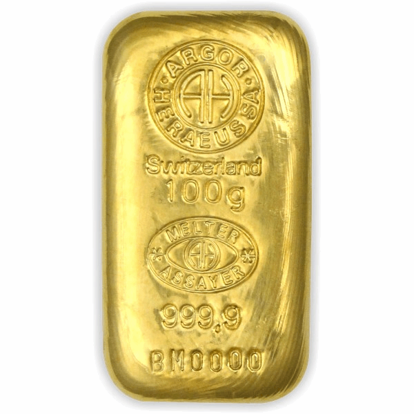 100 GRAM GOLD CAST BAR ARGOR-HERAEUS 
