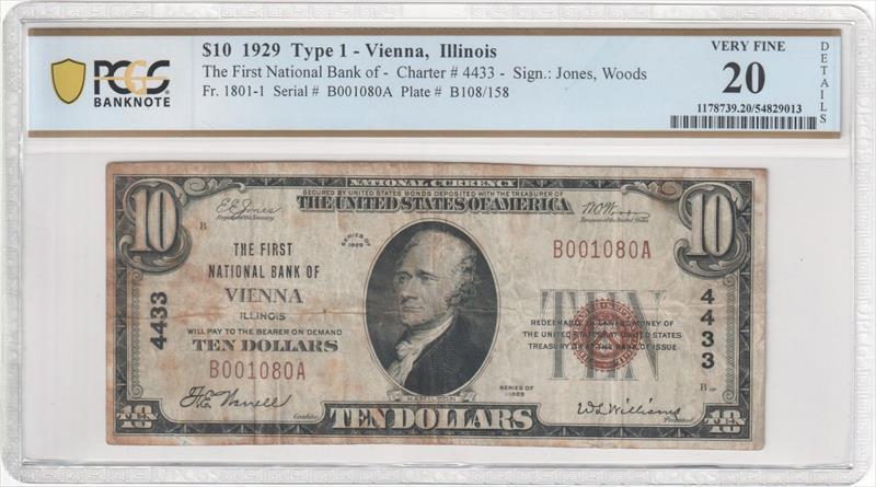 Fr. 1801-1 1929 $10 National Bank Note Vienna, IL Charter #4433 PCGS  VF-20 