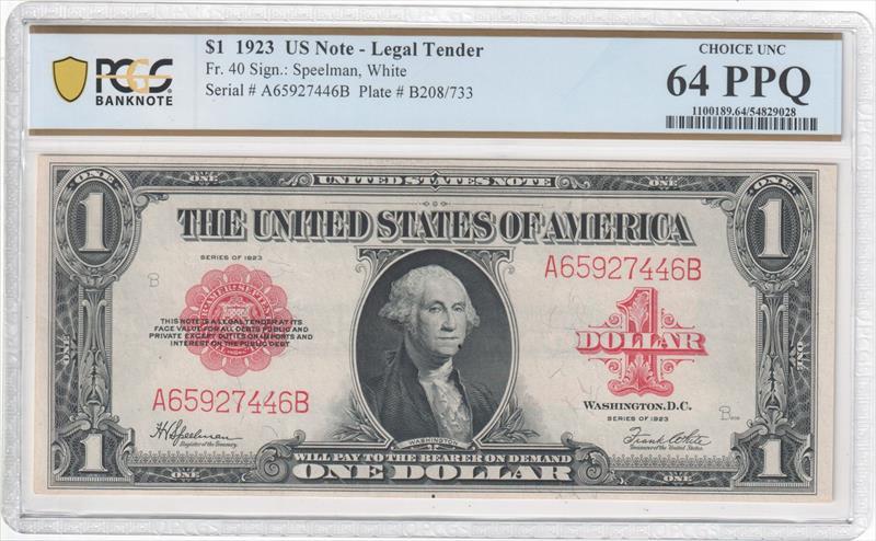 Fr. 40 1923 $1 Legal Tender PCGS 64 PPQ 