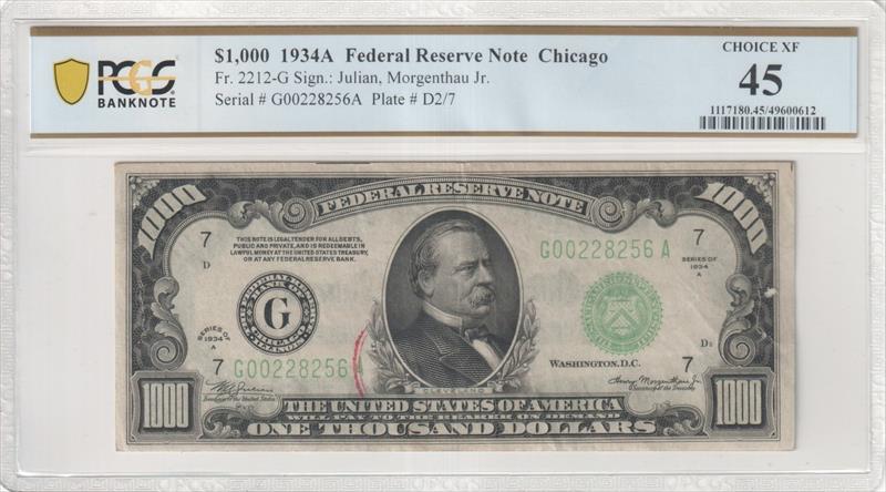 Fr. 2212-G 1934A $1,000 Federal Reserve Note Chicago PCGS Choice XF 45 