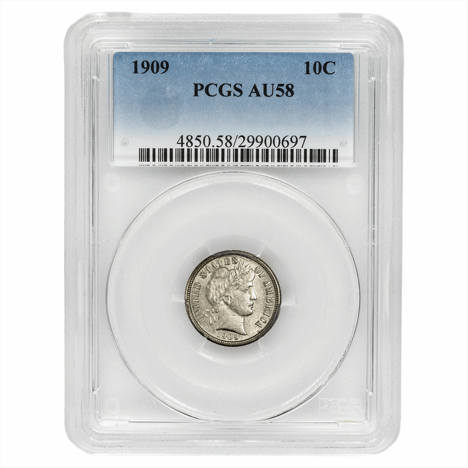 1909 Barber Dime 10C PCGS AU 58