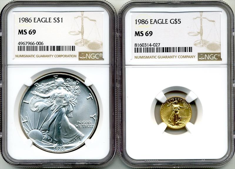 1986 $1 American Silver Eagle and $5 American Gold Eagle Set MS69 NGC 