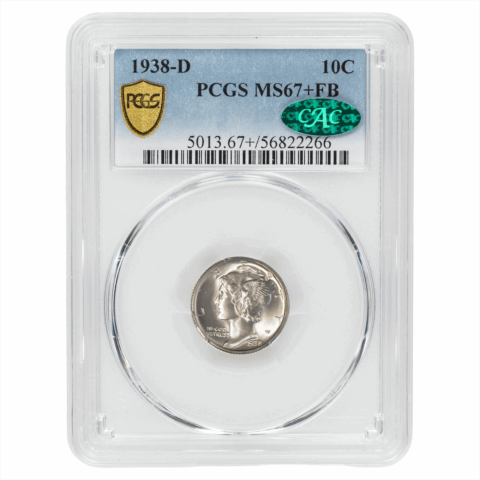 1938-D Mercury Dime 10C PCGS MS 67+ FB CAC