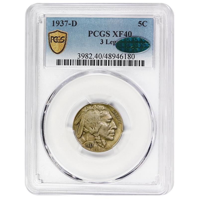 1937-D 3 Legged Buffalo Nickel, 5C PCGS XF 40 CAC - Key Date 