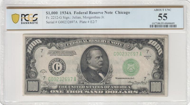 Fr. 2212-G 1934A $1,000 Federal Reserve Note Chicago PCGS AU55 