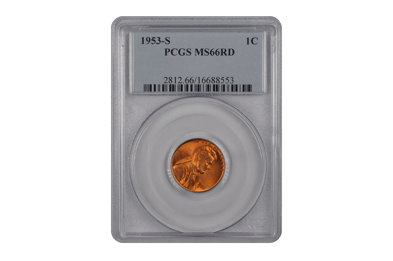 1953-S 1C Lincoln Cent - Type 1 Wheat Reverse PCGS RD #3688-9 MS66