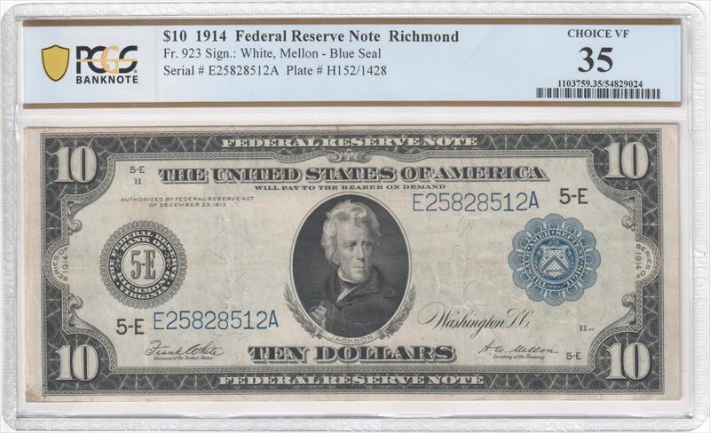 Fr. 923 1914 $10 Federal Reserve BN Richmond PCGS VF35