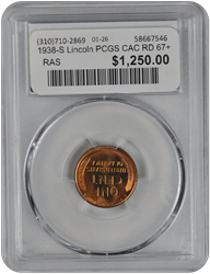1938-S Lincoln PCGS CAC RD 67+