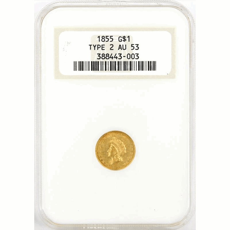 1855 $1 Small Indian Princess Head Gold Type 2 - NGC AU53 