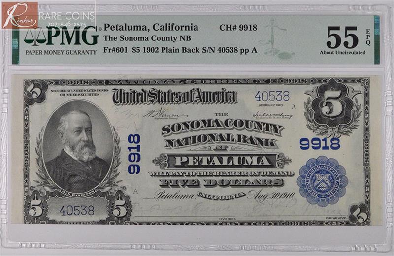 1902 Plain Back $5 Fr. 601 Charter #9918 PMG AU-55 EPQ