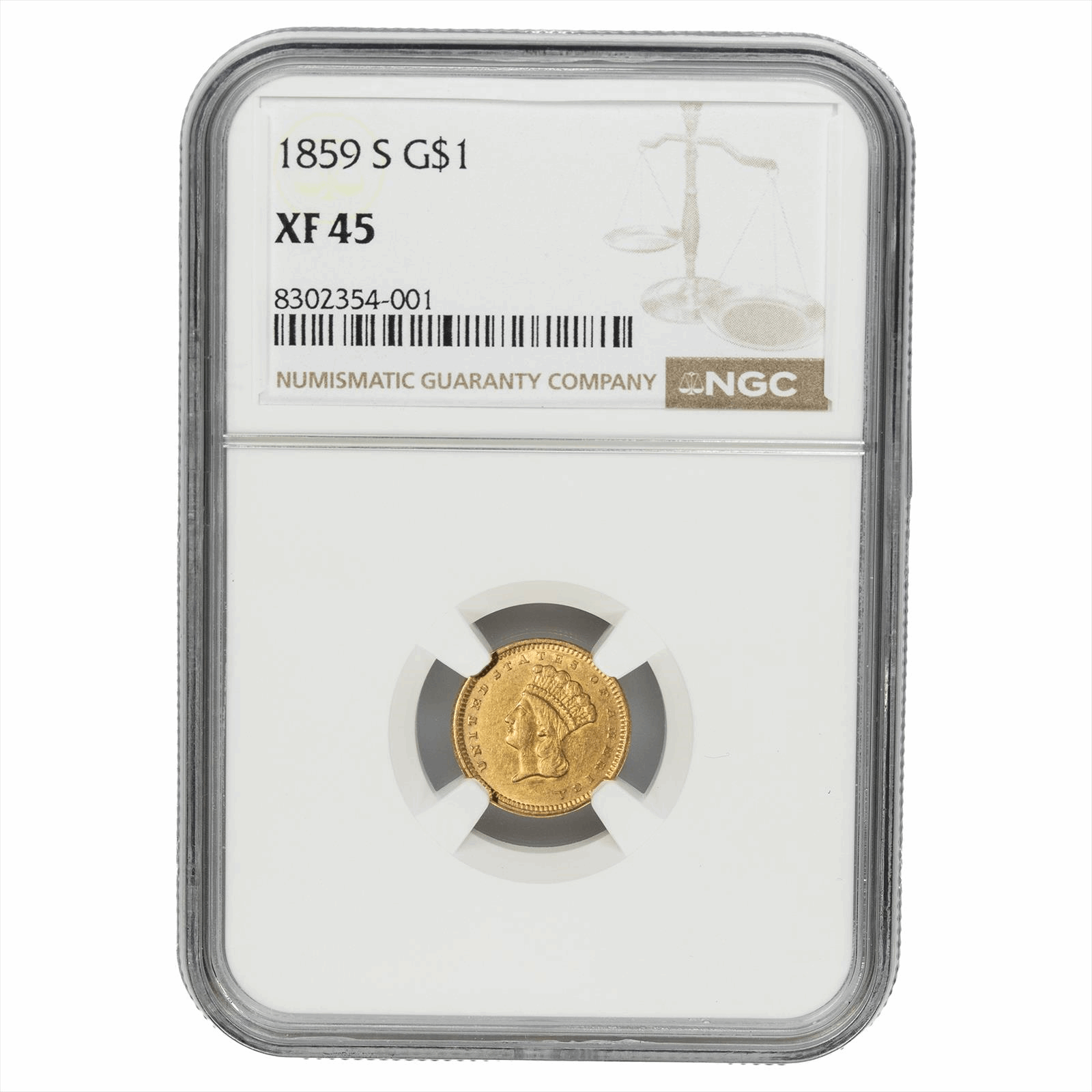1859-S Indian Princess Head Gold Dollar $1 NGC XF 45
