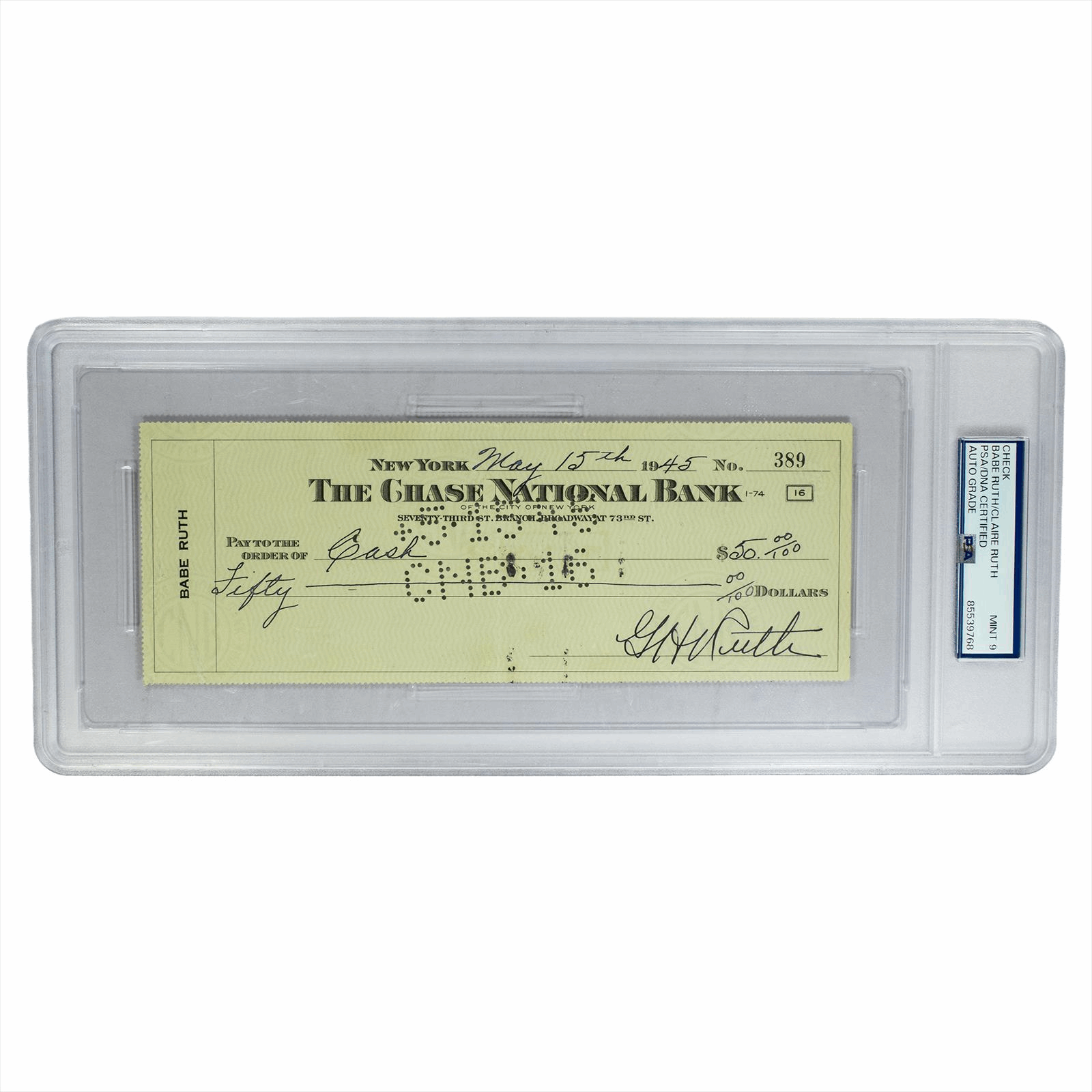1945 Babe and Claire Ruth Signed Check PSA Auto Grade 9 
