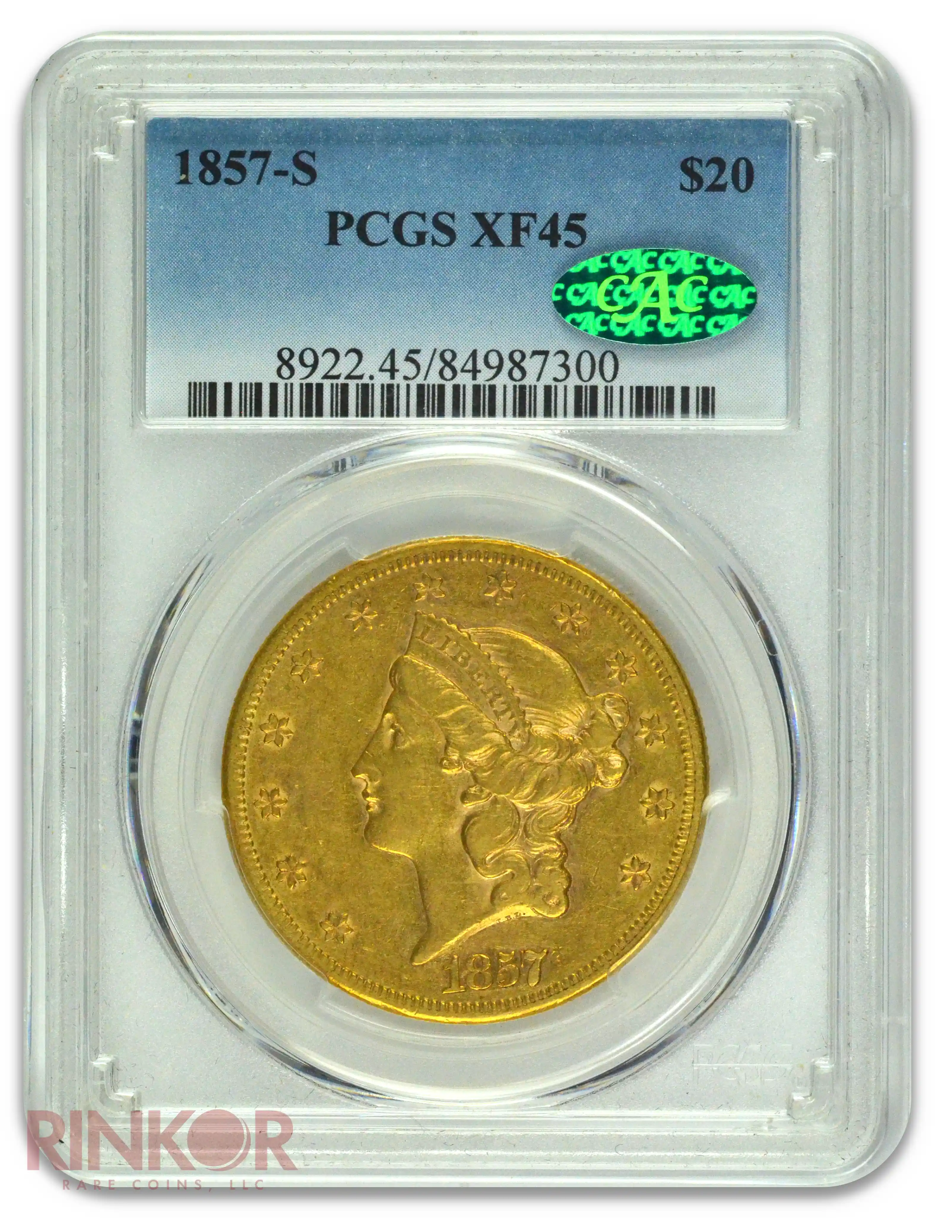 1857-S $20 Liberty Head PCGS XF-45 CAC