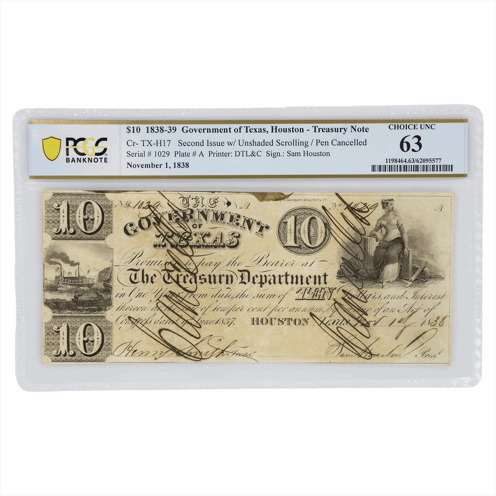 1838 Republic of Texas $10 Houston Treasury Note PCGS UNC 63 