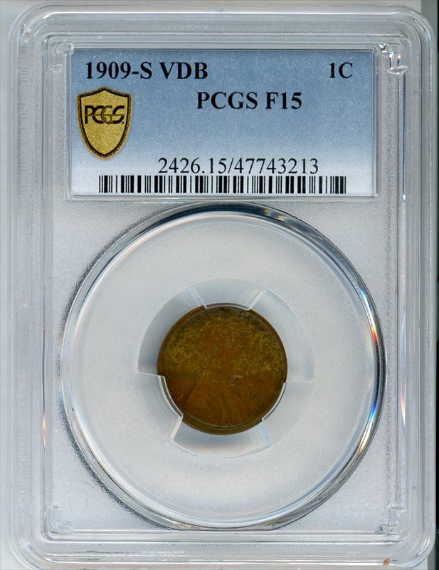 1909-S VDB Lincoln Cent 1c, PCGS  F-15 - Nice Original Surfaces