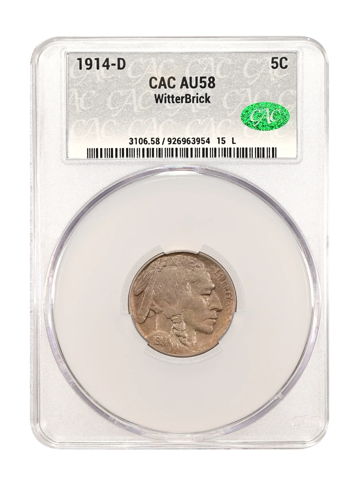 1914-D 5c CACG AU 58 WitterBrick