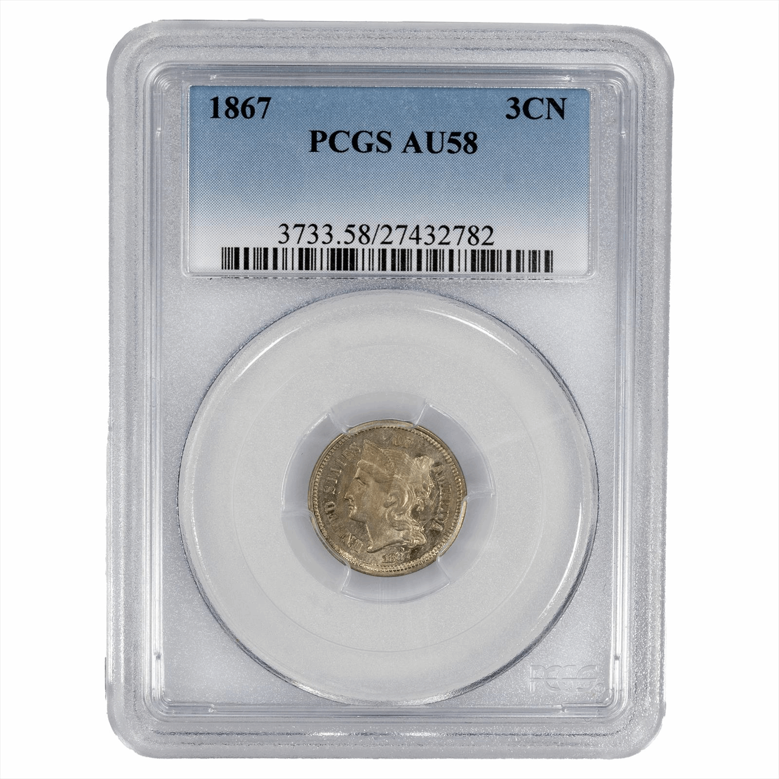 1867 Three Nickel Cent 3CN PCGS AU 58