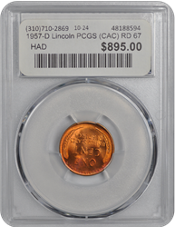 1957-D Lincoln PCGS (CAC) RD 67 