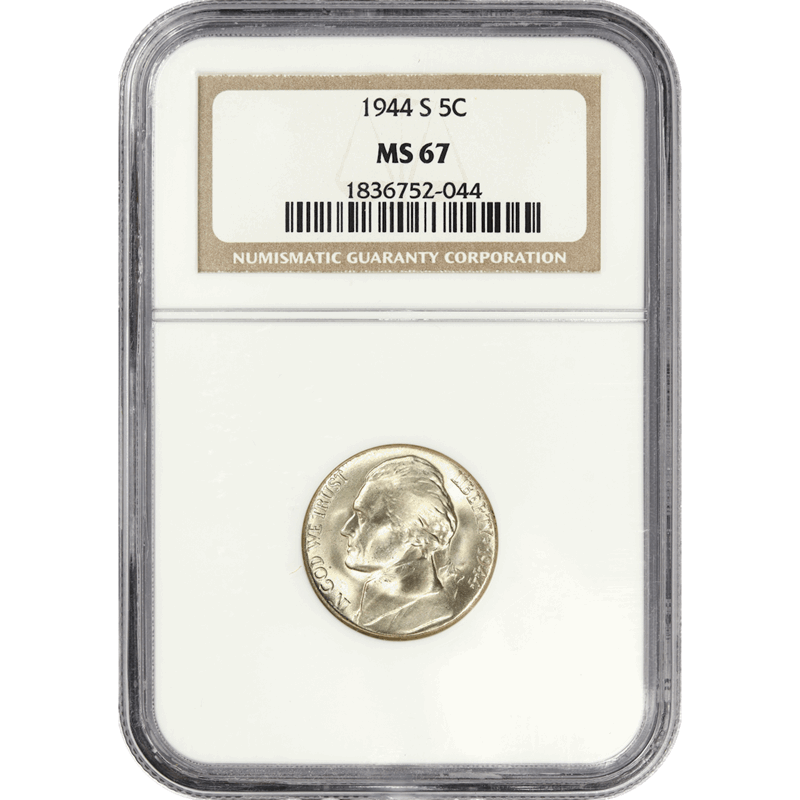 1944-S Jefferson Silver War Nickel 5c, NGC  MS67 - Nice White Coin