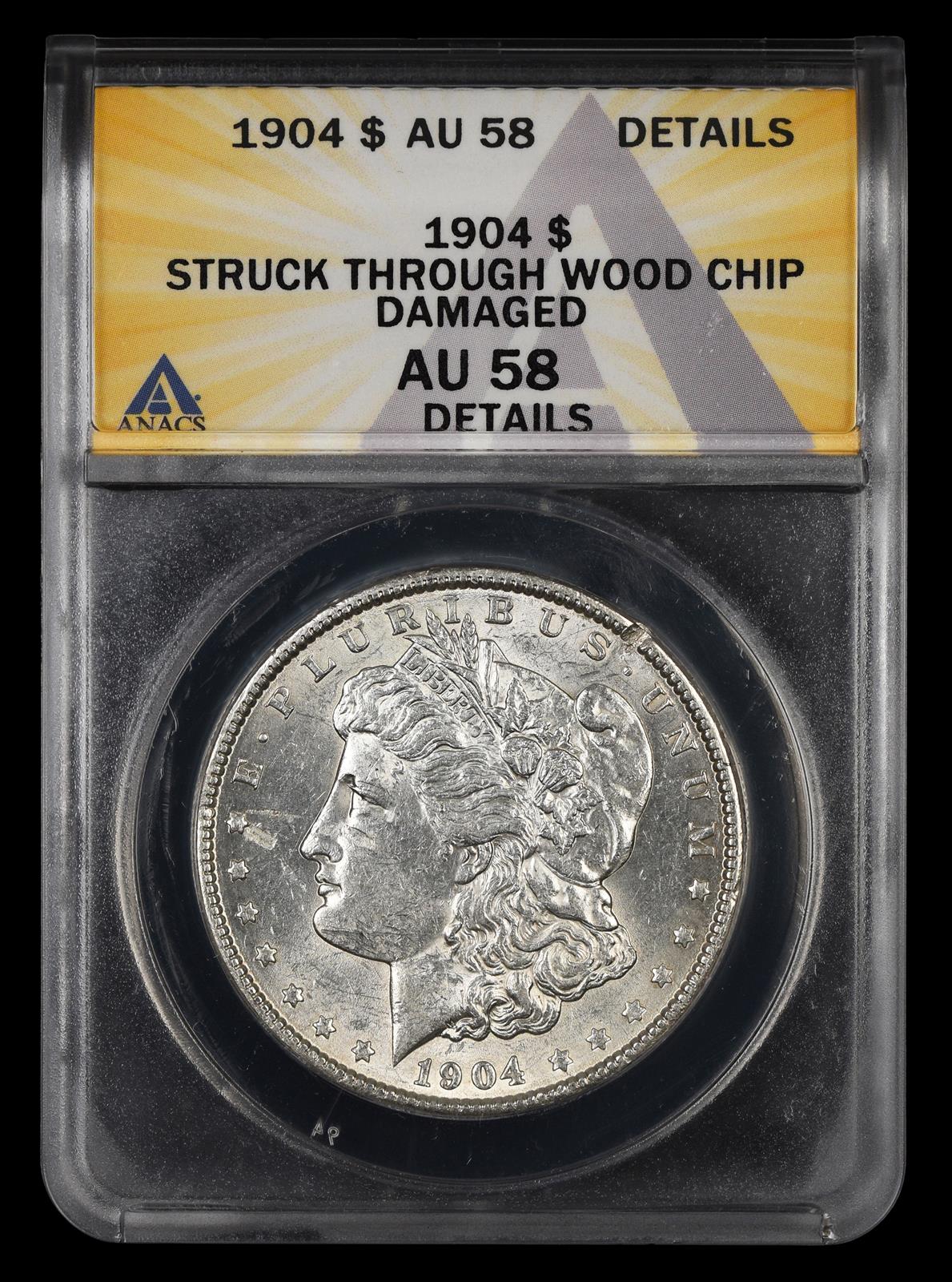 1904 $1 Struck Through Wood Chips ANACS AU58 Details