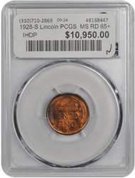 1928-S Lincoln PCGS  MS RD 65+