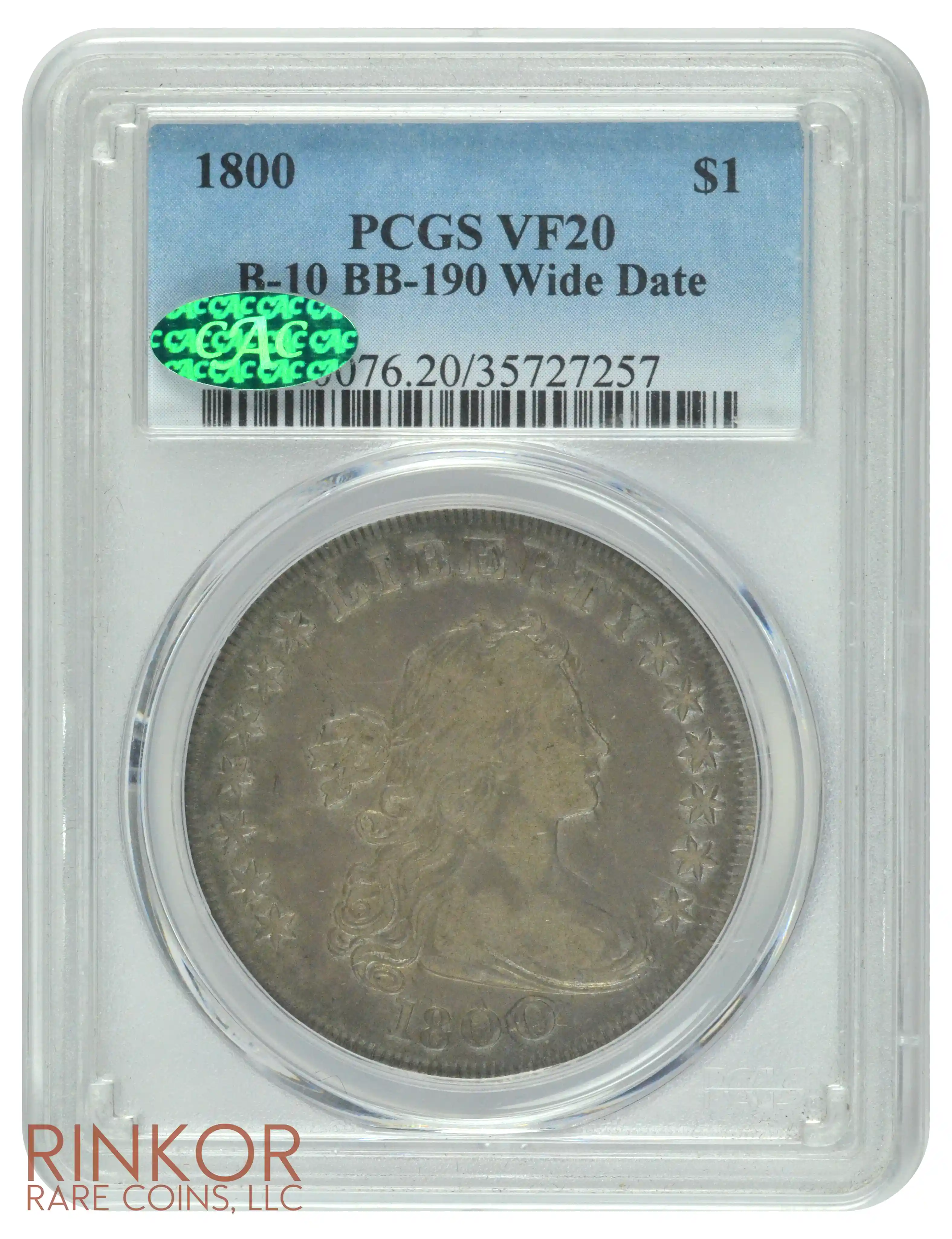 1800 $1 B-10 BB-190 Wide Date PCGS VF-20 CAC